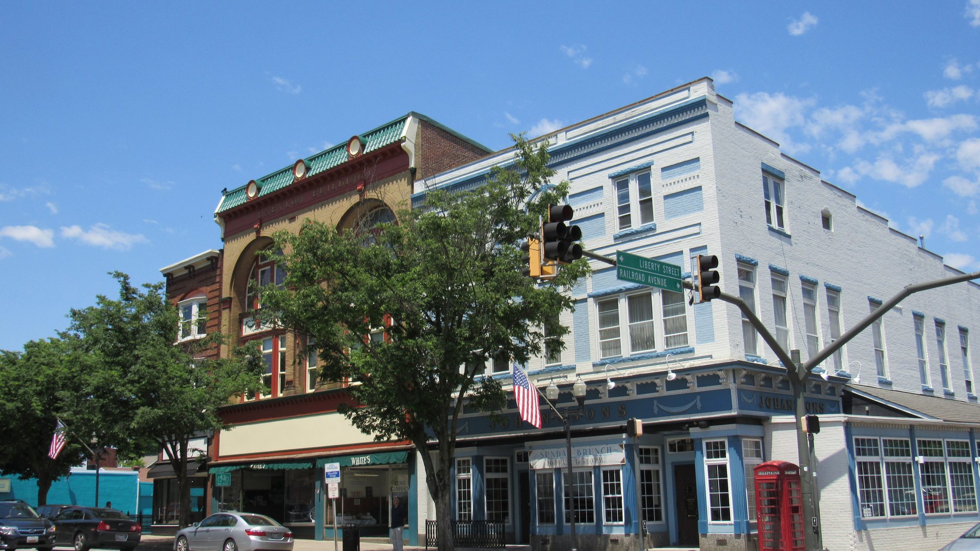 Brick storefronts at a corner on Main Street in Westminster