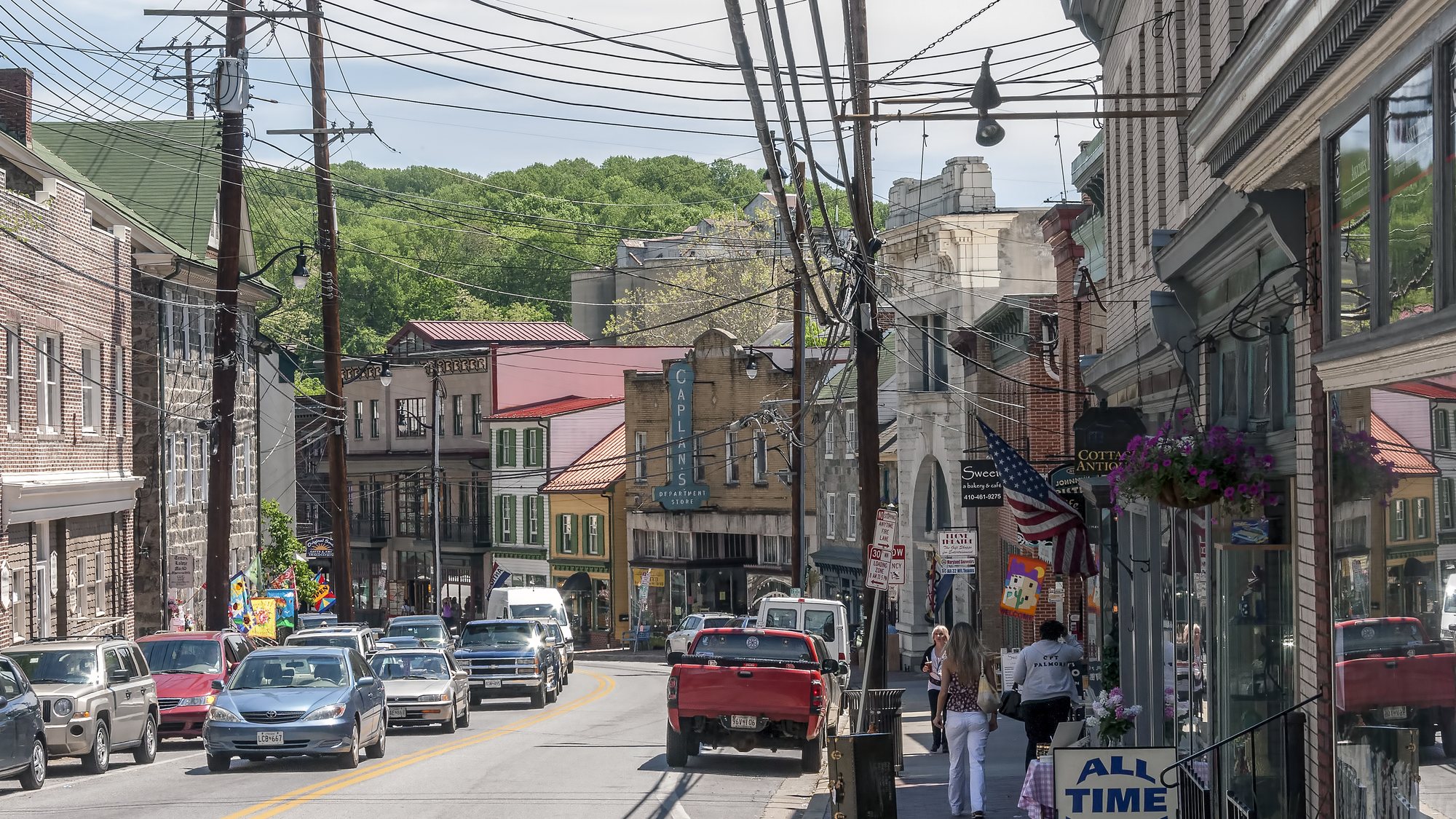 Stone and brick storefronts along Main Street in historic Ellicott City